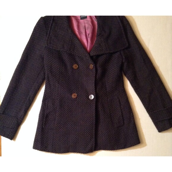 Vtg Wool Coat Women 8 Brown Pea Coat Tweed Double Breasted Boho Granny Retro 90s - Picture 4 of 12